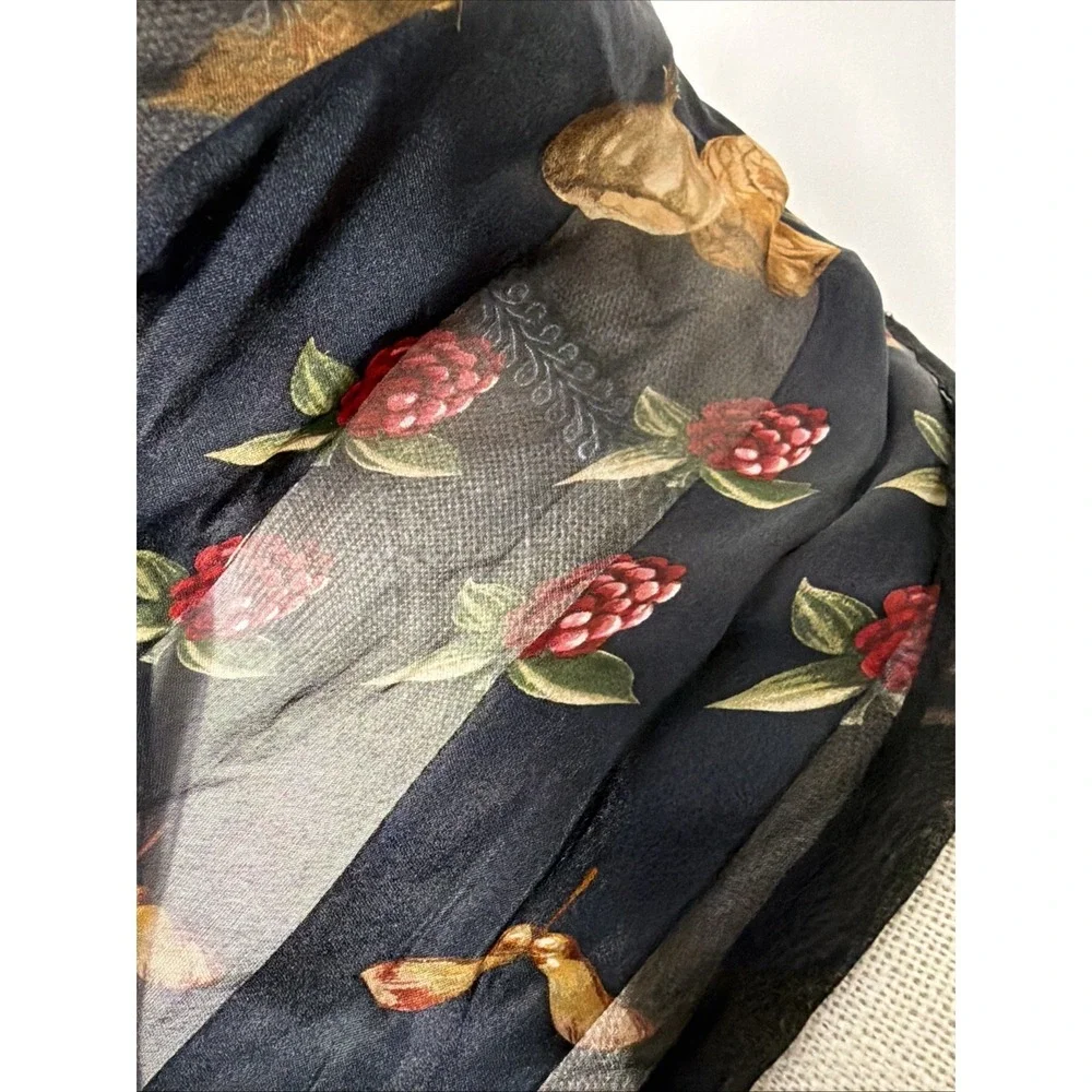 Echo Silk Botanical Scarf With Nuts, Seeds, Berries On Black Signed 58